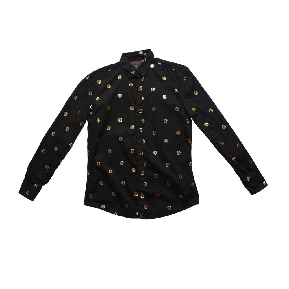 Drill Clothing Co Button Down Slim Fit Shirt‎ Mens Small Black Gold Tiger Head